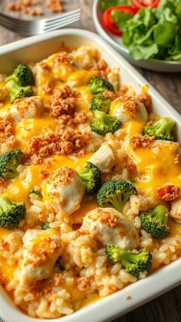 Cheesy chicken broccoli rice casserole with chicken, broccoli, and melted cheese on a rustic table.